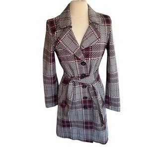 CAbi Sovereign Plaid Trench Coat Belted Black Pink Womens  Ponte Knit Sz Small